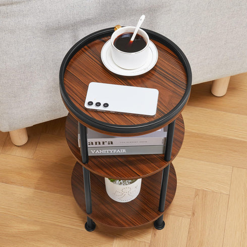 Small Round Side Table for Small Spaces - 3-Tier Modern Accent Table, Slim End Table for Living Room, Bedroom (Cherry)