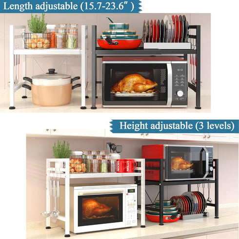 PUSDON Extendable Microwave Oven Rack, Adjustable Heavy Duty Kitchen Countertop Organizer, 2 Tier with 3 Hooks, Black
