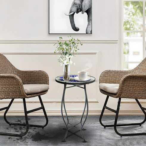 12 Inch Arbuxzuy Small Outdoor Side Table with Blue Morning Glory, Glass Mosaic Patio Table Indoor, Round Plant Coffee