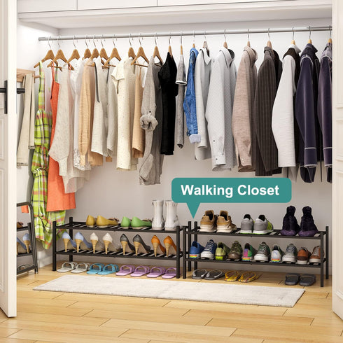 2-Tier Closet 33IN viewcare Black Shoe Rack, Long Shoe Rack for Entryway, Bamboo Wood Shoe Shelf for & Hallway, Long |