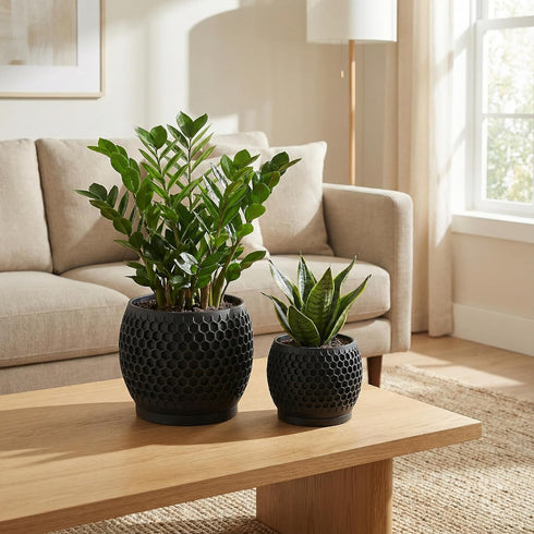 Fabix3D 3D 4.7/6 Inch Plant Pots, Modern Printed Honeycomb Planters for Indoor Plants, Matte Black Decorative Flower