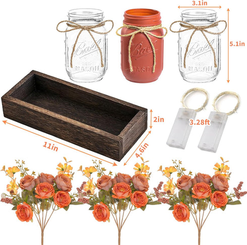 Infinideck 3 Mason Jar Table Centerpiece Decor with Lights, Wood Tray & Artificial Flowers - Farmhouse Table Decor