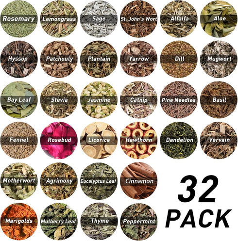DreamdaMoonnly 32pcs Set Set Dried Herbs for Witchcraft, Witchcraft Supplies Kit for Wiccan Rituals, Witch Herbs