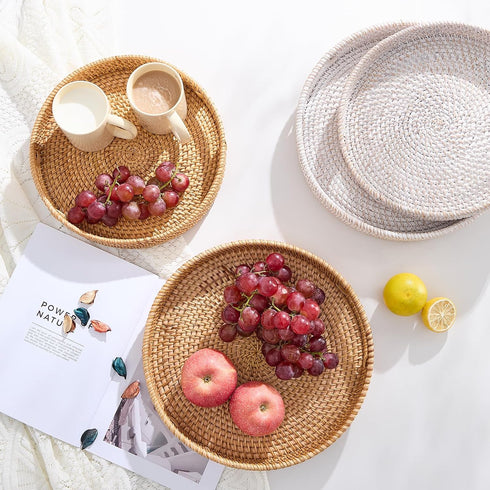 Kmelep 13.5") Round Rattan Serving Tray,Hand-Woven Tray with Handles, Ottoman Decorative Coffee Table Tray,Wicker