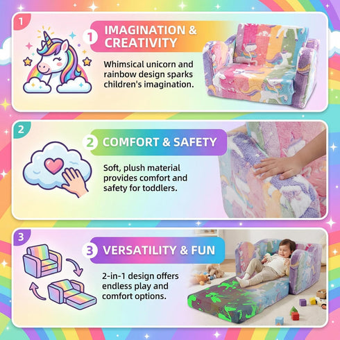 2-in-1 Kids Couch Sofa Toddler Couch Unicorn Glow in the Dark Foldable Kids Sofa Bed Flip Open Toddler Sofa Chair