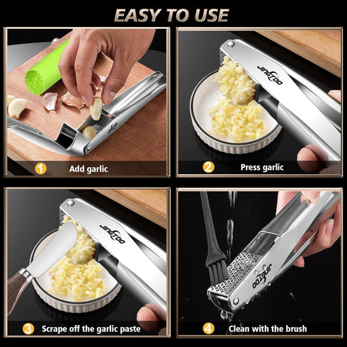 5 Garlic Press Stainless Steel, Premium Garlic Mincer - Years Warranty - No Need to Peel Garlic Crusher, Ginger Masher