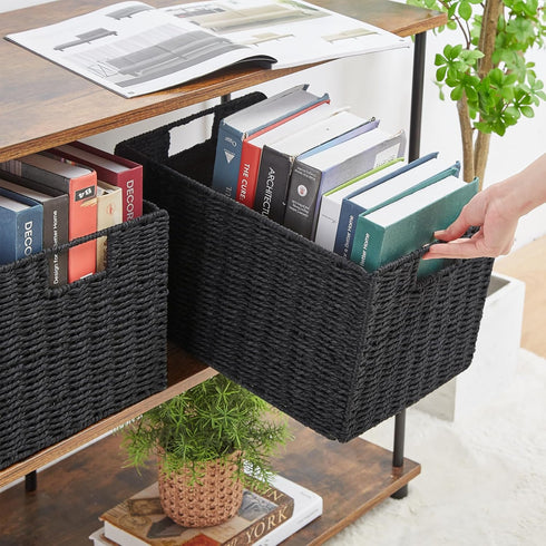 Vagusicc Wicker Basket, Set of 2 Woven Paper Rope Storage Bins with Handles, Foldable Large Cube Organizers in Black