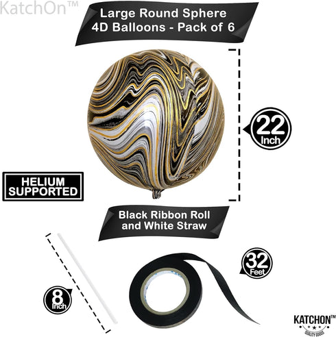 KatchOn Big Black and Gold Marble Balloons, 22 Inch, Pack of 6 for Golden Anniversary, Birthday Decor