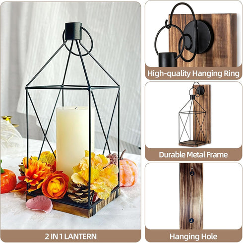 Candle Sconces Wall Decor: Farmhouse Wood Candle Holder Indoor Black Metal Lantern Decorations for Living Room Front