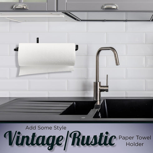 Wrought Iron Paper Towel Holder - Rustic Wall Mount Paper Towel Rack for Kitchen, Black, 12 x 4.7 x 2.5 Inches,