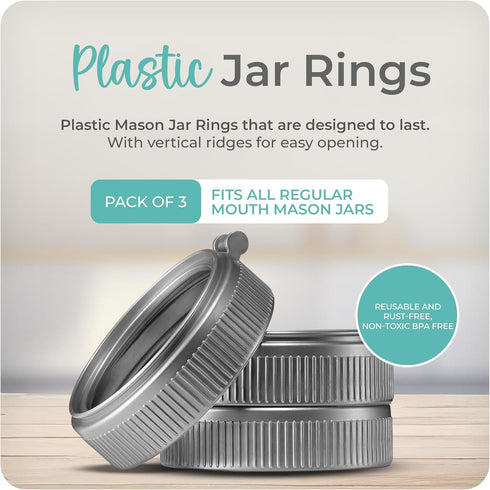 Mason Bottle Plastic Jar Rings | 3-Pack for Regular-Mouth Mason Jars | Reusable, BPA-Free, Made in USA