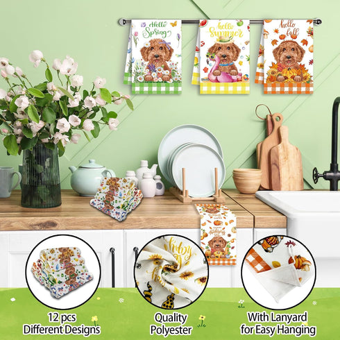 MALEBAZI Set 12, 21.3x14.2 Inch Cute Golden Doodle Holiday Kitchen Towels of Funny Dog Hand Towels, Puppy Dish Cloths