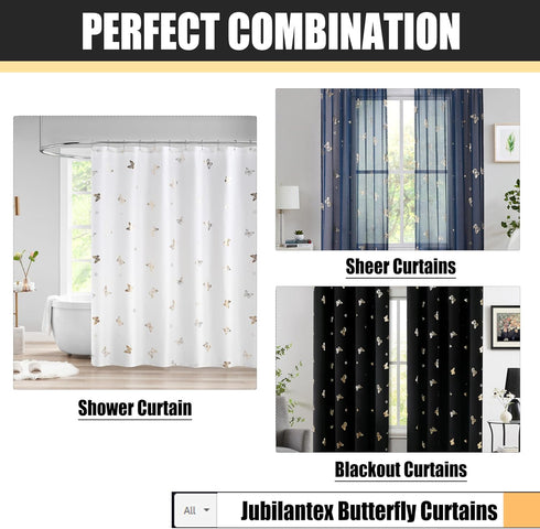 Jubilantex Navy Blue Butterfly Sheer Curtains with Gold Print Pattern, 63 Inch Long, 2 Panels for Kids Nursery Bedroom