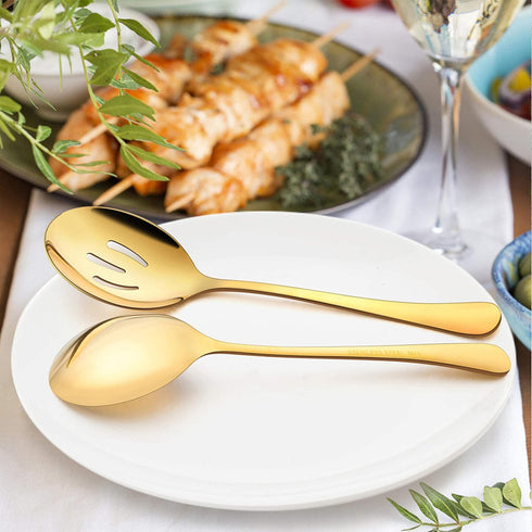 LIANYU 6 Pack Large Gold Serving Spoons Set, 9.8 Inch Stainless Steel Utensils for Party Buffet Dinner, 3 Gold Spoons &