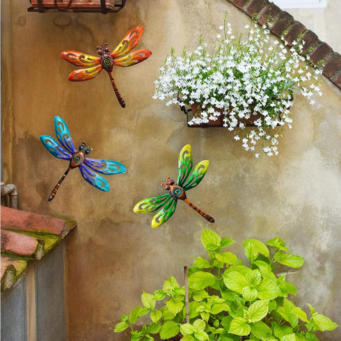 wotieuns 3 Set Metal Dragonfly Wall Decoration, Outdoor Art for Garden Fence, Living Room, and Porch