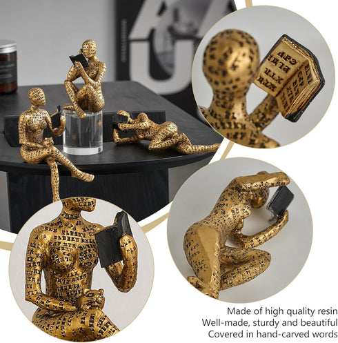 3Pcs FJS Gold Thinker Statues Home Decor Accents, Pulp Reading Women Figurine Decorations for Living Room, Modern