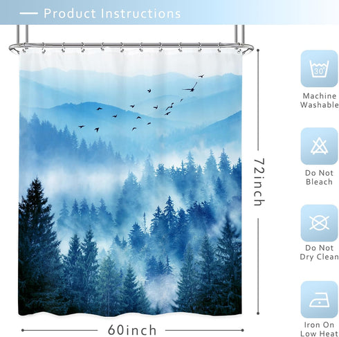 Riyidecor Misty Mountain Shower Curtain 60Wx72H Inch, Blue Foggy Nature Scenery, Smokey Pine Tree Bathroom Decor with