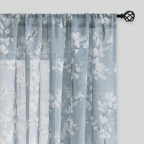 FMFUNCTEX Linen Sheer Curtains - Blue White Blossom Print, 84 Inches Long, Floral Patterned Window Drapes, 2 Panels