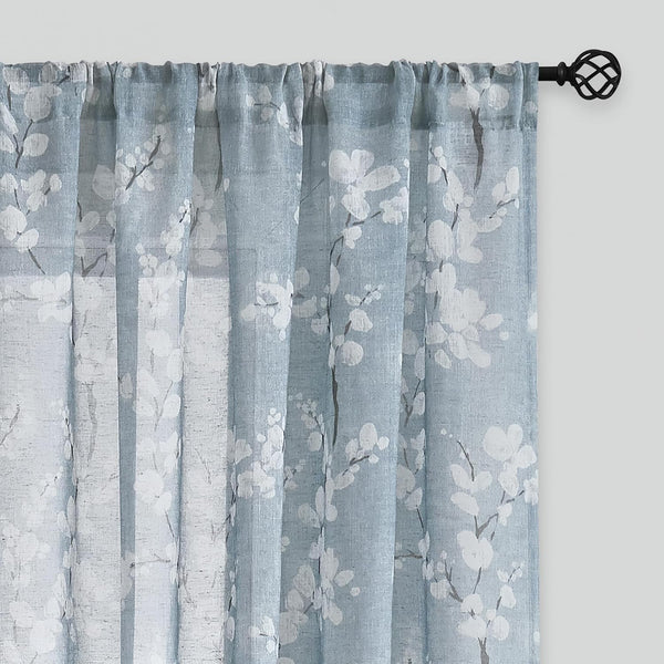 FMFUNCTEX Linen Sheer Curtains - Blue White Blossom Print, 84 Inches Long, Floral Patterned Window Drapes, 2 Panels
