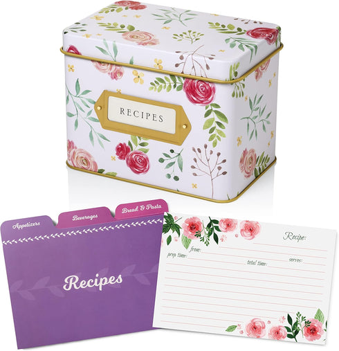 Jot & Mark Recipe Card Complete Gift Box | Decorative Pink Peonies Recipe Tin Box