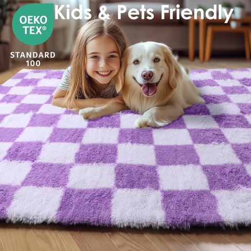 KICMOR 5x8 Purple Rugs for Living Room Bedroom, Fluffy Soft Checkered Area Rug Fuzzy Shag Shaggy Carpet, Indoor Furry