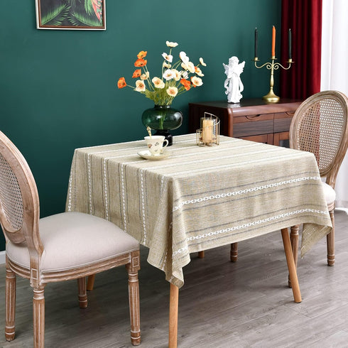 52x52 inch NEWISHER Rustic Farmhouse Embroidered Square Tablecloth Jacquard Striped Table Cloth Linen Texture Washable