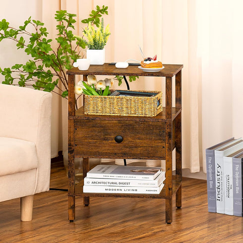 Lerliuo Nightstand with Charging Station and USB Ports, 3-Tier Storage End Table with Drawer, Retro Brown Wood Bedside