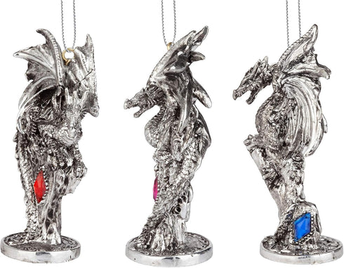 Design Toscano 3 Dragons of The Amesbury Holiday Gemstone Ornament Set, Silver, Christmas