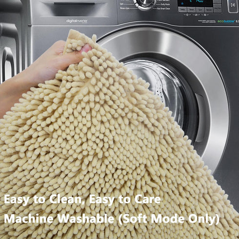 Bath Rugs Chenille 3-Piece Set, Extra Soft Absorbent Shag Beige Bathroom Mats, Machine Wash, Non-Slip Underside
