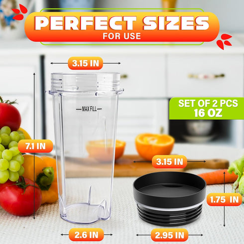 2Pcs Single Serve Blender Cup with Lid - 16 Oz Replacement Cup for Ninja Blenders