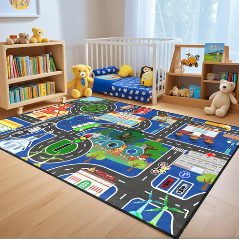 4.5x6 Road Rug for Kids - Car Rug Play Mat for Boys Room, Blue Road Carpet Playmat Fun Race Track Car Carpet for Kids