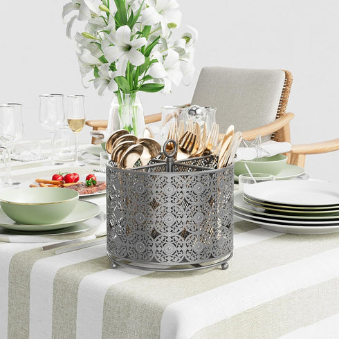 Rotating Utensil Caddy Countertop, Higher Raised Cutlery Holder, Metal Organizer with 4 Compartments for Kitchen Counter
