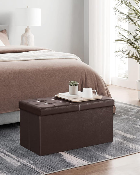 SONGMICS Folding Storage Ottoman Bench 30 Inches, Faux Leather, Brown, Footstool with Flipping Lid, ULSF45BR