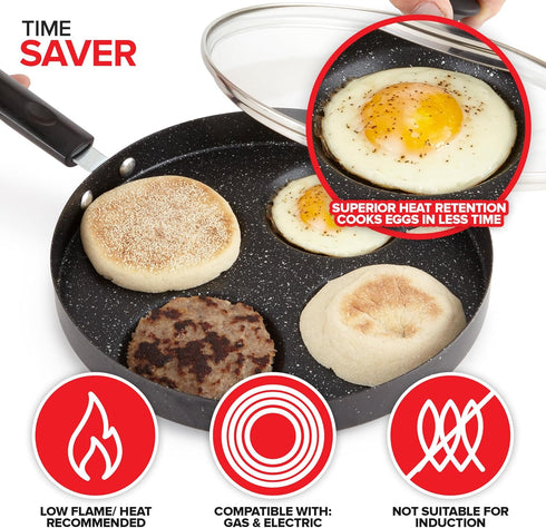 Modern Innovations 4-Cup Nonstick Egg Frying Pan with Lid, Mini Pancake Pan for Stove Top, Breakfast Maker