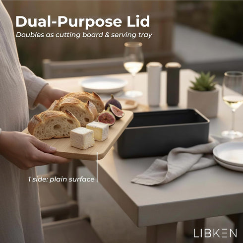 Countertop, LIBKEN Bread Box Extra Thick Steel Bread Bin with Bamboo Cutting Board Lid & Drawstring Bread Bag - Modern
