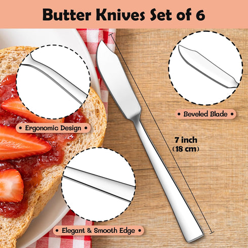 E-far Butter Spreader Knife Set of 6, 7-Inch Stainless Steel Cheese Dessert Knives for Kitchen Restaurant Party, Mirror Silver by E-far