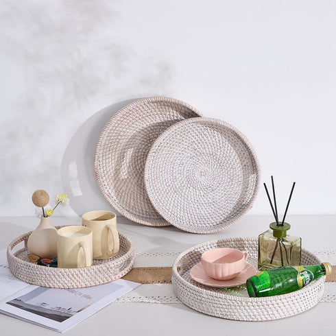 Kmelep 11.8") Round Rattan Serving Tray,Hand-Woven Tray with Handles, Ottoman Decorative Coffee Table Tray,Wicker