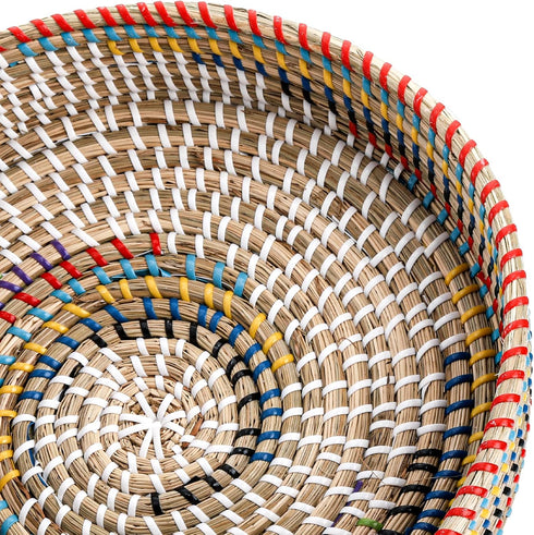 12'' SOUJOY Woven Seagrass Serving Tray, Rattan Serving Tray, Handmade Round Ottoman Fruit Tray, Colorful Coffee Table