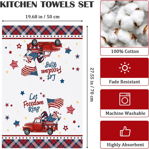 4th of July Patriotic Kitchen Towel, 100% Cotton Independence Day Gnome Quick Dry Stars and Stripes Flag Tea Towels