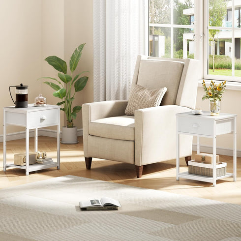 2 Furologee White Nightstand with Fabric Drawer, Small Side Table for Small Spaces, Tiers Storage Shelves End Table