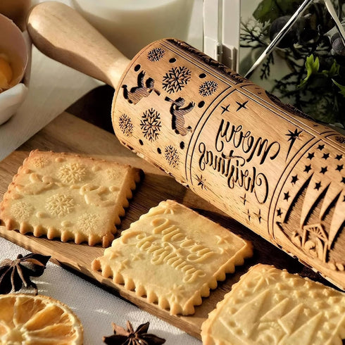 17" Premium Wood Rolling Pin with Nativity Embossed Designs, 3mm Deep Springerle Cookie Molds for Baking Gifts
