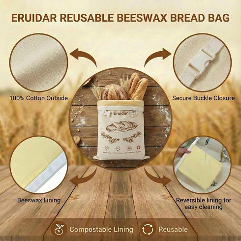 Eruidar (2 Pack), 13"x17" Beeswax Bread Bags for Sourdough & Homemade Bread XL Large Reusable Cotton & Linen Bread Bag