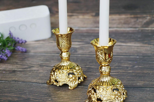 Taper Candle Holders with Deluxe Engraved Design, Set of 2 Premium Gold Candlestick Holders