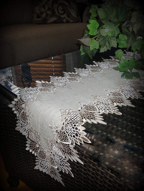Lace 65" Table Runner, Dresser Scarf, Neutral Earth Tones, European Lace