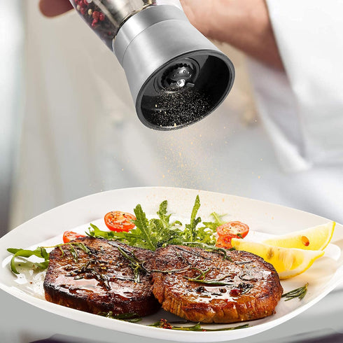 Herda 304 Brushed Stainless Steel Salt and Pepper Grinder - Adjustable Ceramic Shaker, Tall Glass Mill (2Pcs)