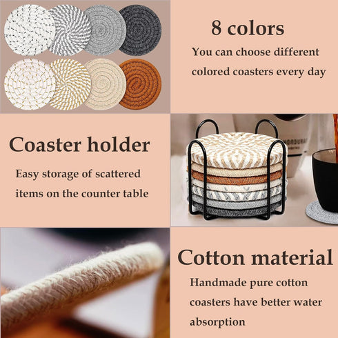 Windran Set 8, (8 Colors,4.17 Inch) Woven Coasters of Absorbent Drink Coasters with Holder, Boho Cotton Coffee Cup