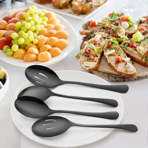 LIANYU 6-Piece Large Black Serving Spoons, Slotted Serving Utensils for Party Buffet, 9.8 Inch, Dishwasher Safe