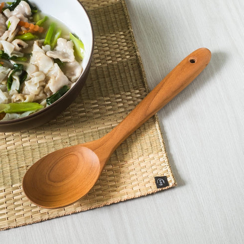 FAAY 12" Big Scoop Spoon, Wide Head, Ergonomic Handle for Cooking and Serving, Golden Teak Wood