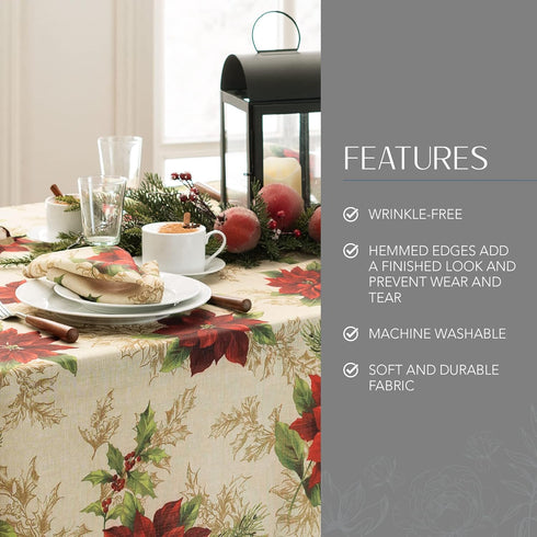 Elrene Home Fashions Festive Poinsettia Holiday Tablecloth - Wrinkle Resistant Fabric, Multi, 60"x120" Rectangle