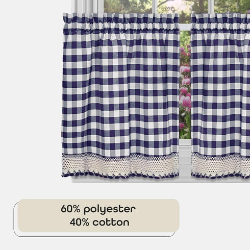 Buffalo Check Tier Pair Window Curtain Set, 58 Inch Width, 24 Inch Length, Navy & Ivory Plaid Drapes